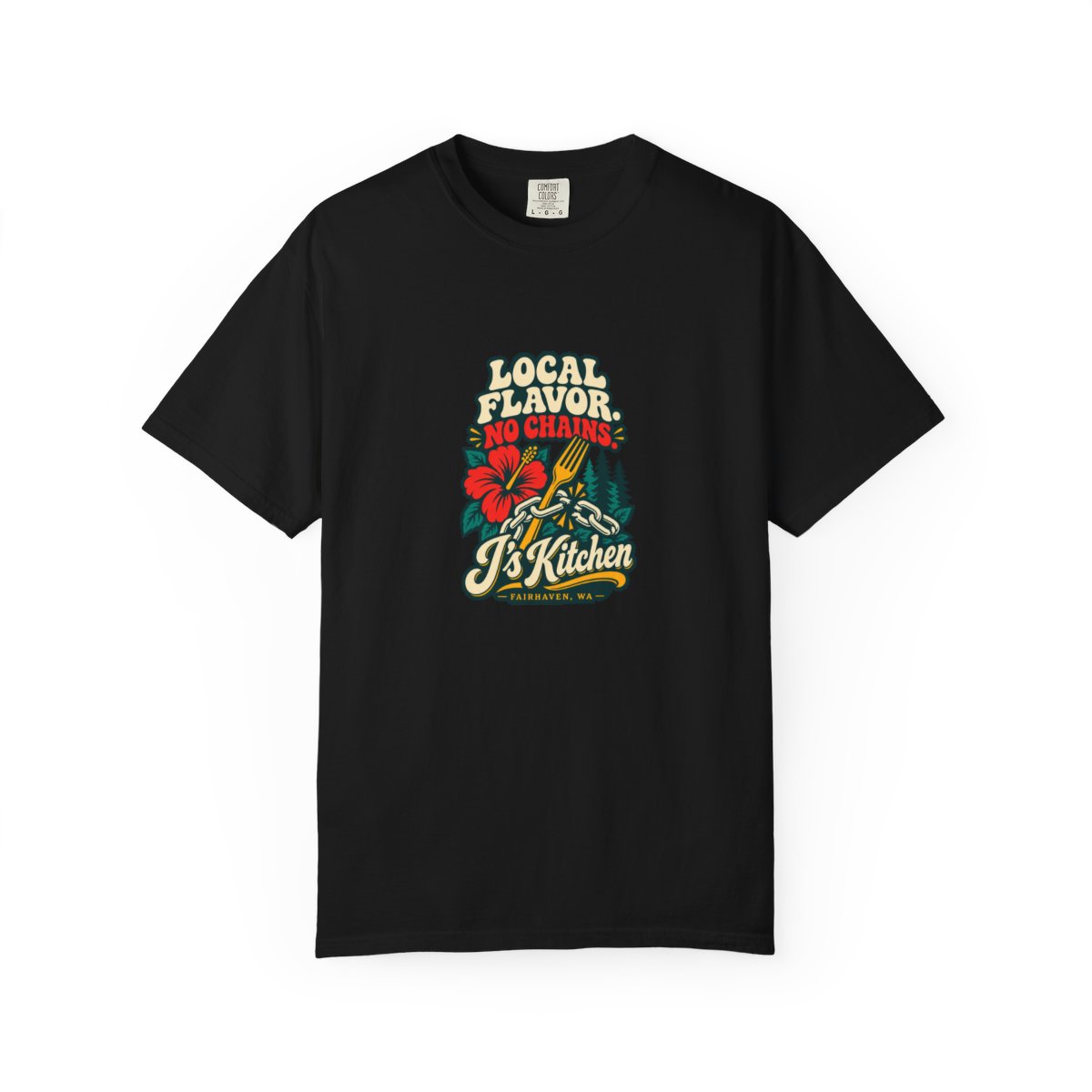 Local Flavor No Chains Tee — Black / S–XL